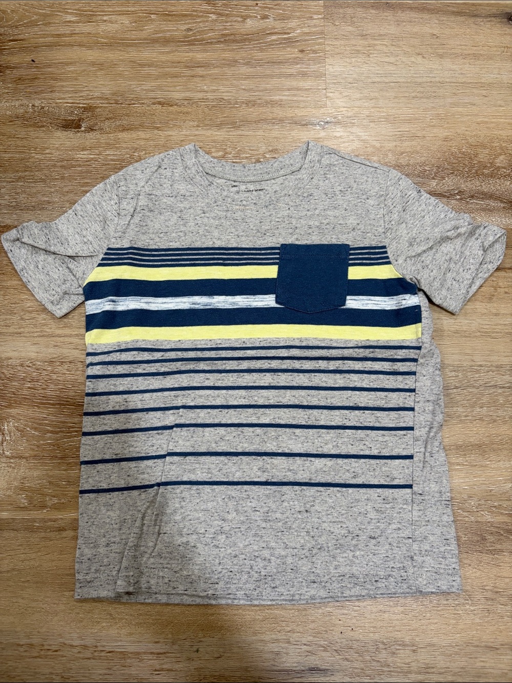 Boys Gray Striped Pocket Tee with Navy & Yellow Accent - softest tee